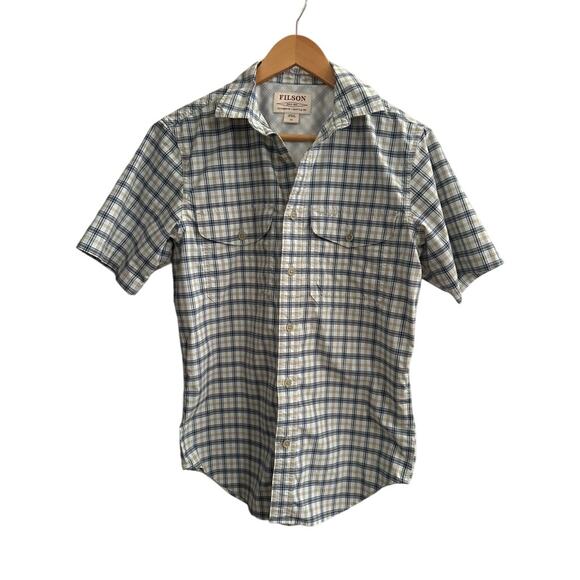 Filson Plaid Short Sleeve Vented Shirt XS Sky Navy Gold Outdoor Travel Fishing - Picture 1 of 7